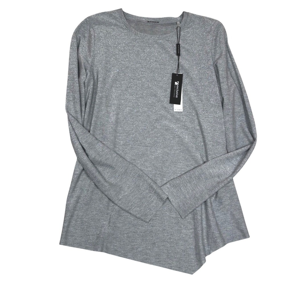 Elie Tahari Womens Silver Sparkle Knit Asymmetrical Long Sleeve Top Small NWT